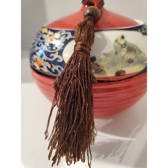 Red And Blue Decorative Urn With Suctioned On Lid With Tassle - Picture 8 of 10